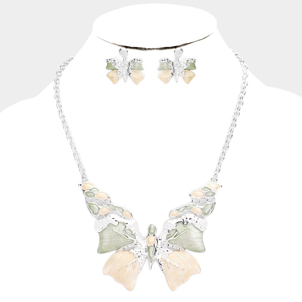 Lime green butterfly pendant necklace set